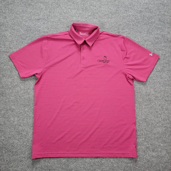 Under Armour Polo Shirt Mens XL Pink‎ Purple Striped Crescent Farms Golf Club - Picture 1 of 10
